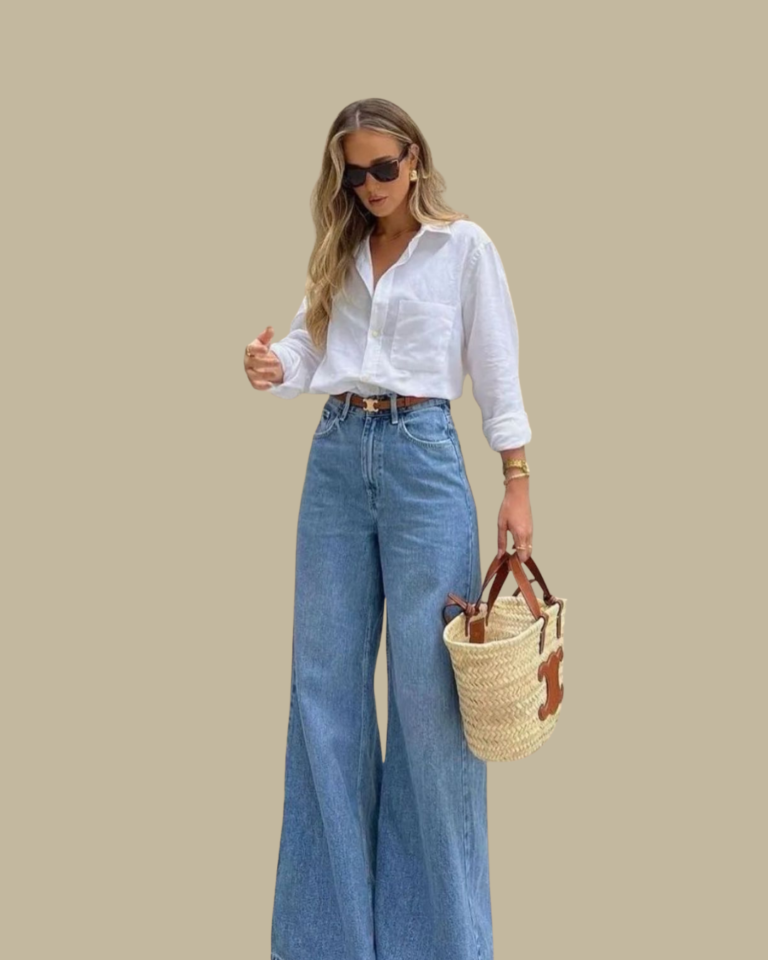 Woman wearing a white button-down shirt slightly tucked in, high-waisted wide-leg light-wash denim jeans, a thin brown belt, sunglasses, a gold bracelet, and a woven straw basket bag with brown leather details.
