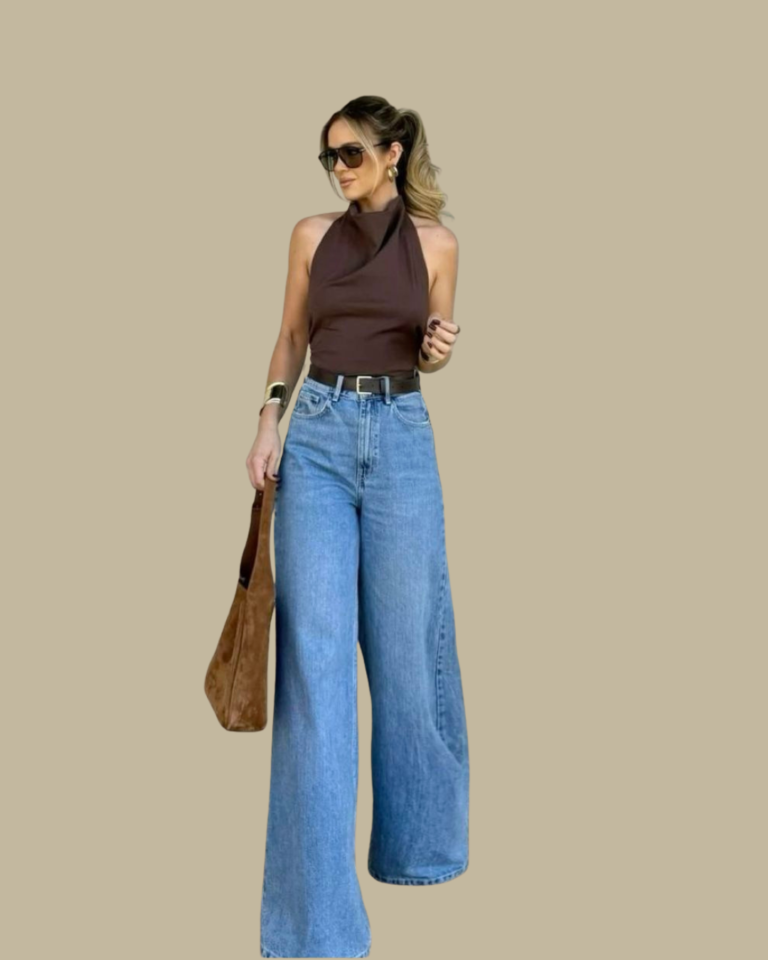 Woman with her hair in a bun, wearing an oversized light blue and white striped shirt over a white crop top, pleated fluid wide-leg beige trousers, a cream woven shoulder bag, and white sneakers. She is holding a cup of coffee.