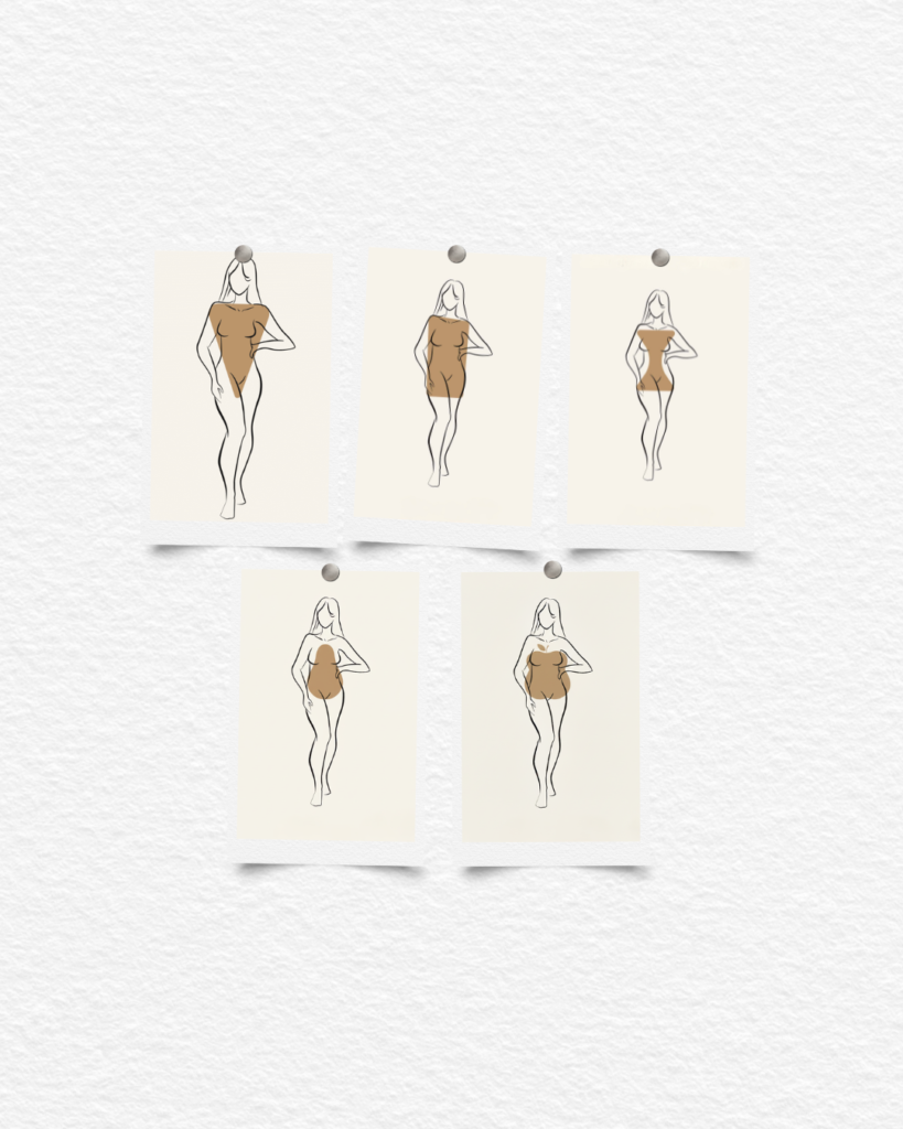 Minimalist illustration collage showing five female body types pinned on a textured white background, each silhouette highlighted in different beige tones.