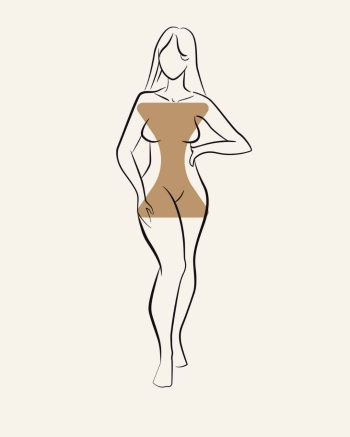Illustration of a female body silhouette with a shaded inverted triangle outline (shoulders wider than hips).