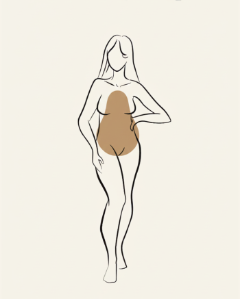 Illustration of a female body silhouette with a shaded hourglass outline (balanced shoulders and hips with a defined waist).