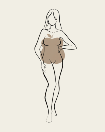Illustration of a female body silhouette with a shaded rounded or oval outline (concentration in the upper torso and waist).