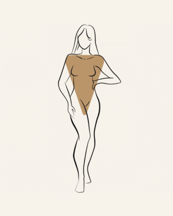 Illustration of a female body silhouette with a shaded rectangle outline (shoulders, waist, and hips are roughly the same measurement).